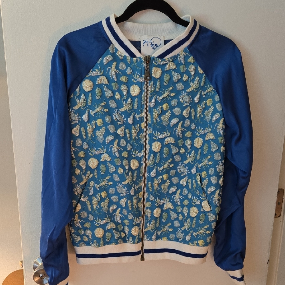 Blue And White Patterned Bomber Jacket - image 1